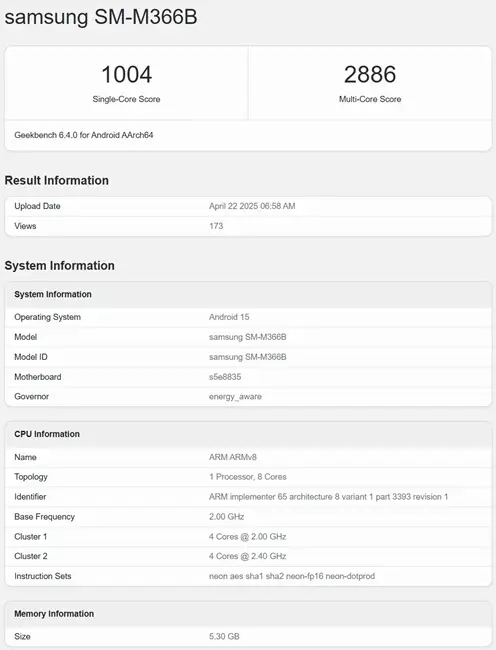 Galaxy M36 5G Geekbench Listing