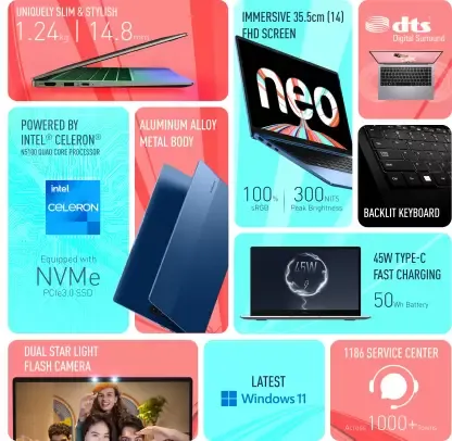 Infinix INBook X1 Neo Series XL22 Celeron Quad Core (8GB/256GB SSD/Windows 11)